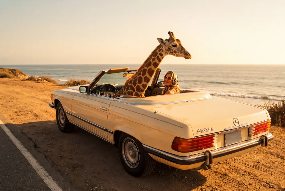 Cabriolet et girafe, mise en situation illustrative