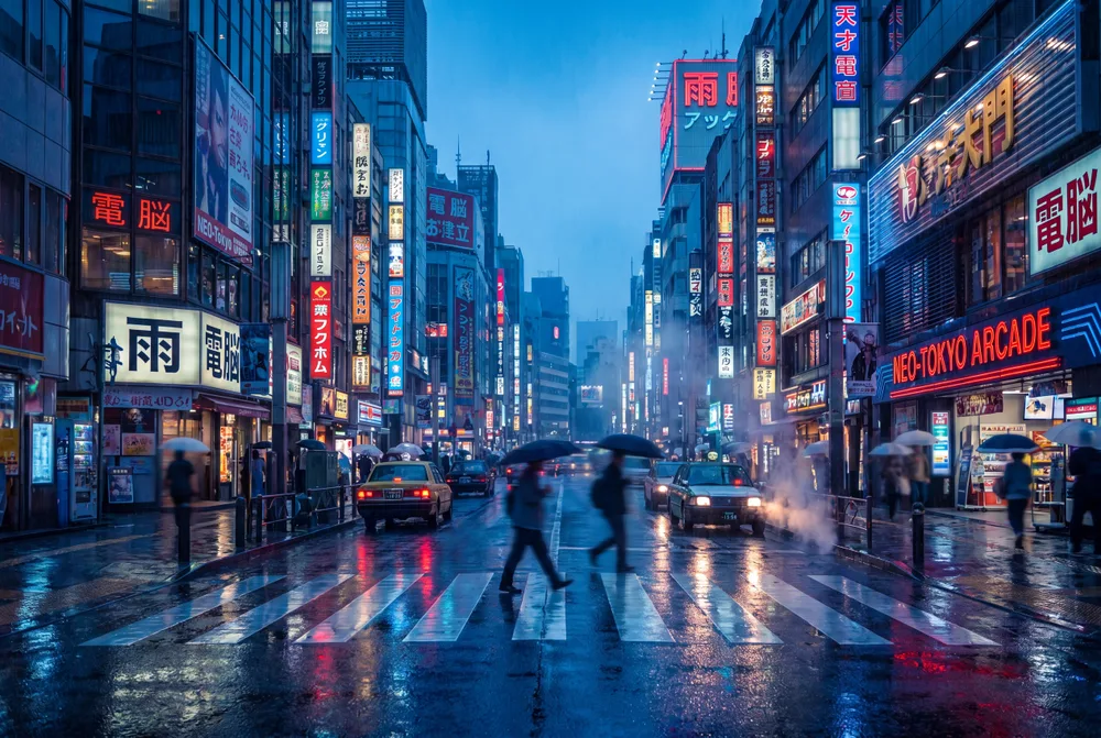 Tokyo sous la pluie, mise en situation illustrative