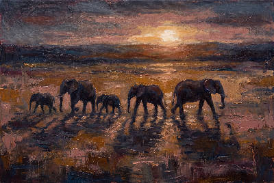 Éléphants au crépuscule