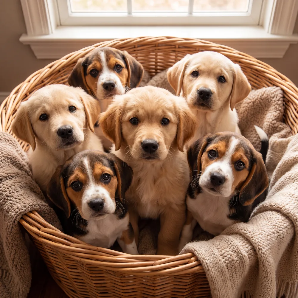 Panier de chiots, mise en situation illustrative