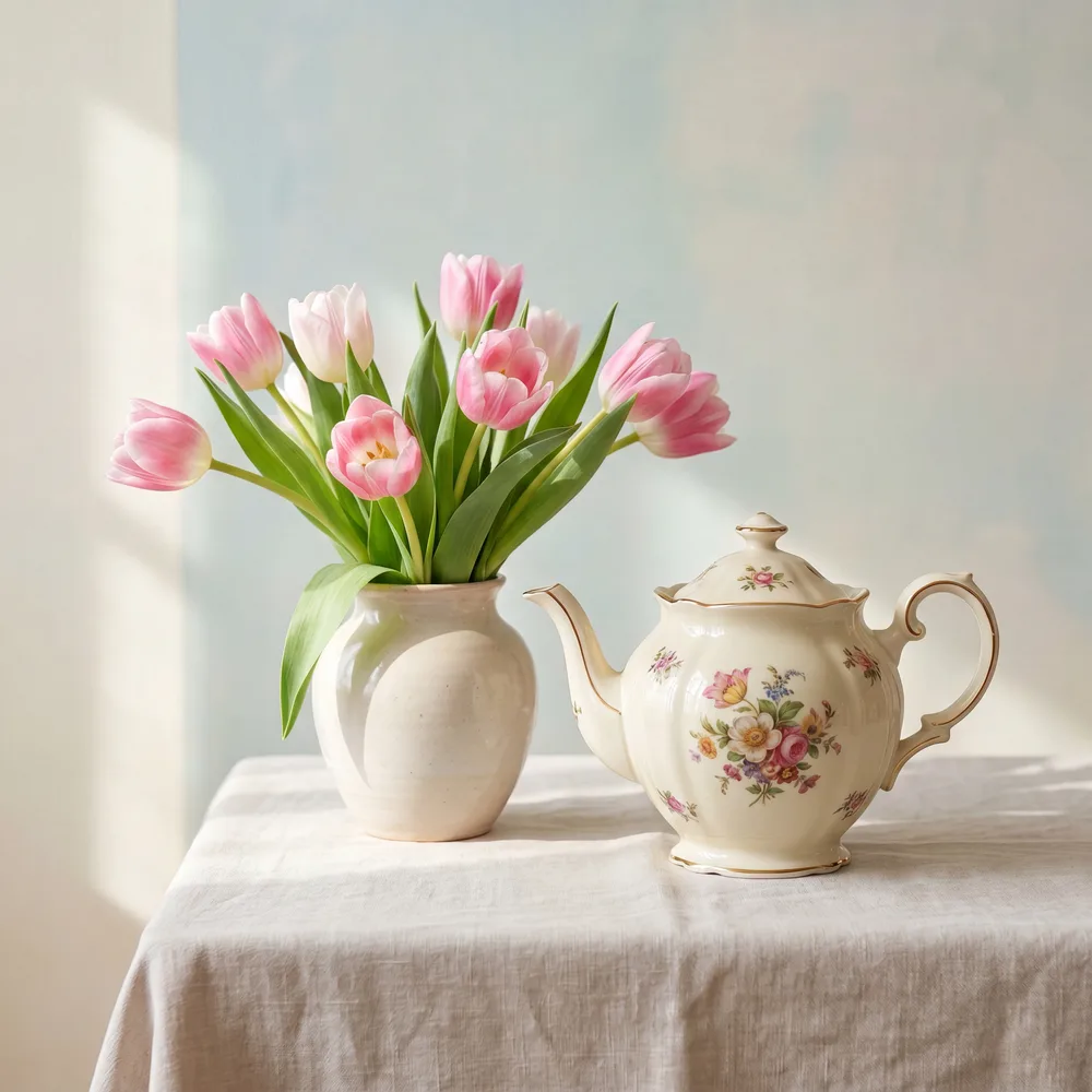 Théière et tulipes, mise en situation illustrative